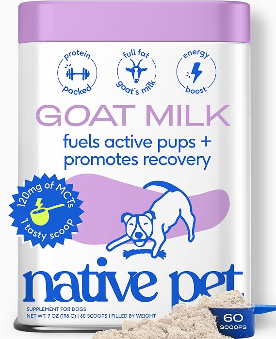 Native Pet Goat Milk Powder - Dog Food Topper for Active Dogs - Post-Activity Recovery, Energy, Immune Support, Hydration & Bone Health - Whole Goat Milk with MCTs & Essential Minerals - 60 Scoops