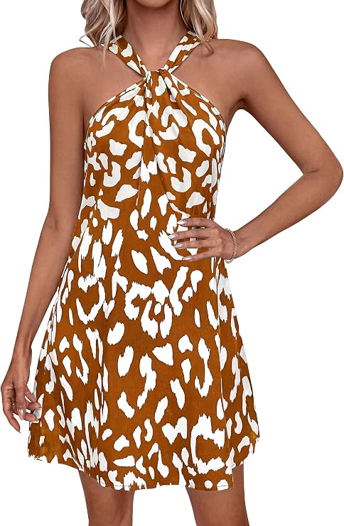 PRETTYGARDEN Womens 2026 Summer Halter Mini Dress Sleeveless Boho Floral Short Sundress Casual Flowy Beach Dresses