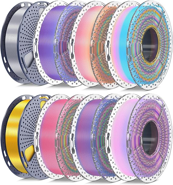 SUNLU Silk PLA+ Filament 1.75mm Multicolor 250gx8, Silky Glossy PLA Plus 3D Printer Filament Bundle for Bambu Lab 3D Printers, 6 Rainbow Series+Gold+Silver