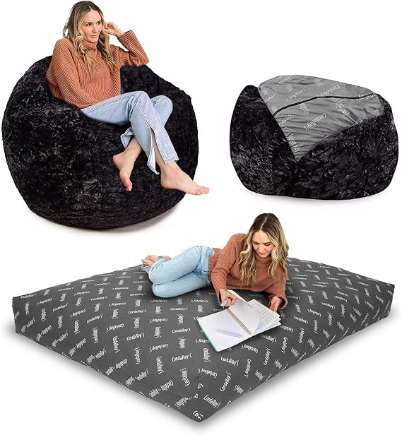 CordaRoy's Faux Fur Bean Bag Chair, Convertible Chair Folds from Bean Bag to Lounger, As Seen on Shark Tank,