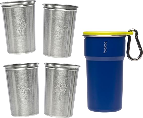 bzyoo 5-Piece Nesting Camping Cups Set - 9oz Stackable Stainless Steel Mugs with Patterned Designs & Integrated Carry Hook, Space-Saving Portable Outdoor Mess Kit for Family Hiking, Backpacking & RV