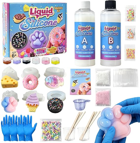 Squishy Making Kit, Squishy Toys, Make Your Own Squishies, 500ml All-in-one Beginner Kit for Squishy Maker, Squishy Maker Craft Kit with 1:1 Liquid Silicon, Cute Molds, Christams Gifts