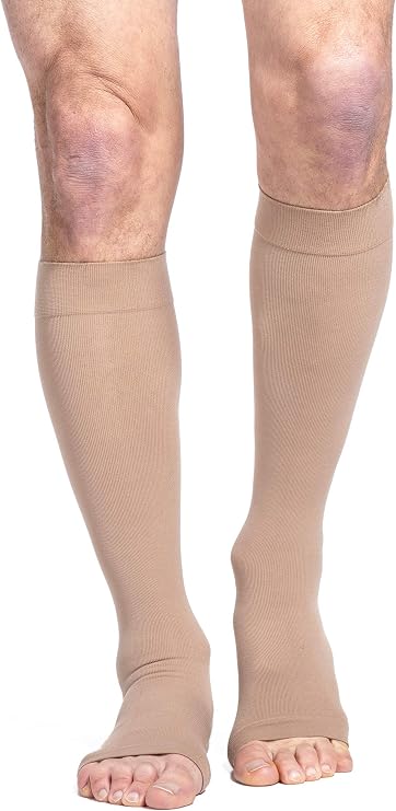 SIGVARIS Mens & Womens Essential Cotton 230 Open Toe Calf-High Socks 20-30mmHg - Light Beige - Small Long