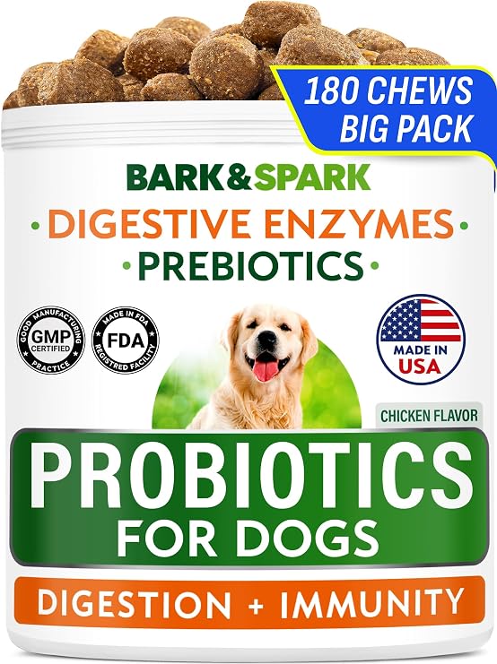 BARK&SPARK Dog Probiotics - Digestive Health Supplement Chews | Pet Probiotics for Dogs - Fiber & Enzymes - Diarrhea Treatment Upset Stomach Relief - Allergy & Itchy Skin - 180Ct Chicken