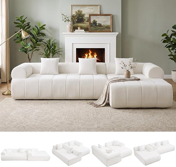 119" Boneless Couch, Mid Century Modern L Shape Sofa, Beige