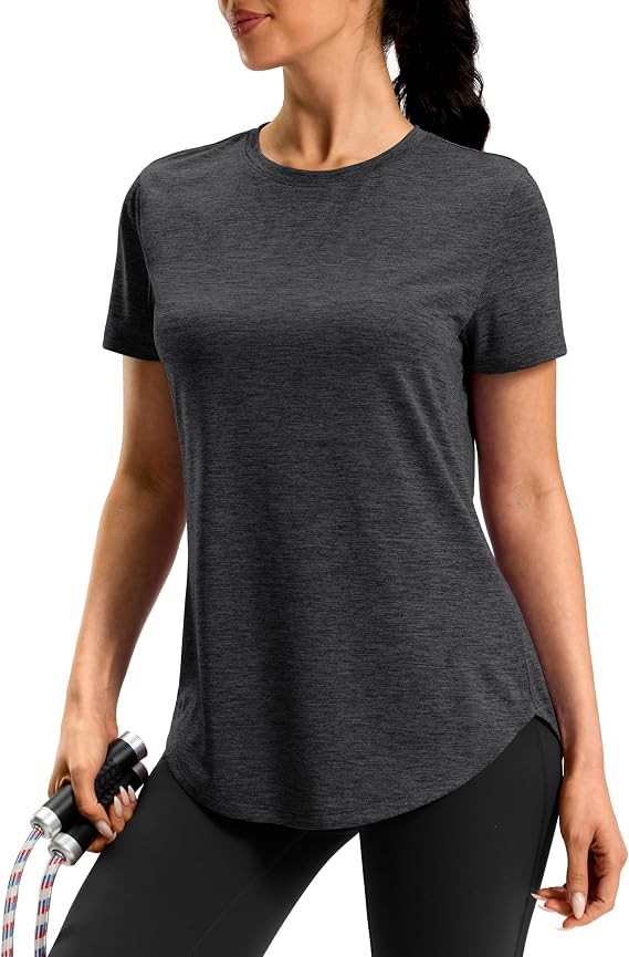 Women's Workout Shirts Bum-Covering Length Short Sleeve Lightweight Dry Fit