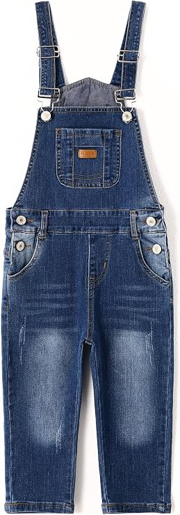 KIDSCOOL Toddler Girls Ripped Denim Overalls Leather Patch Jeans Jumpsuit