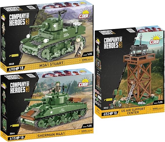 BRICKCOMPLETE COBI Set of 3 3048 M3A1 Stuart, 3044 Sherman M4 A1 & 3042 US Air Support Centre