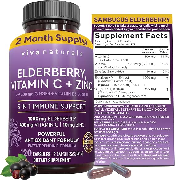 Viva Naturals Elderberry with Vitamin C and Zinc for Adults - 5 in 1 Sambucus Black Elderberry Capsules with Vitamin D3 5000 IU Immunity Supplement, Sambucus Elderberry Immune Support Supplement