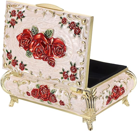 Hipiwe Metal Jewelry Storage Box with Vintage Rose Patterm Gift for Women
