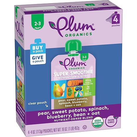 Plum Organics Super Smoothie Pear, Sweet Potato, Spinach, Blueberry with Beans & Oats, 4 Ounce Pouch, 4 Count