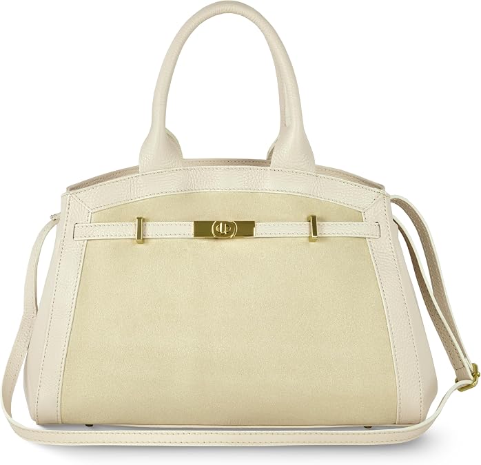 Italian Genuine Suede & Leather Bag for Women with Adjustable Strap | Medium Designer Top-Handle Satchel Handbag