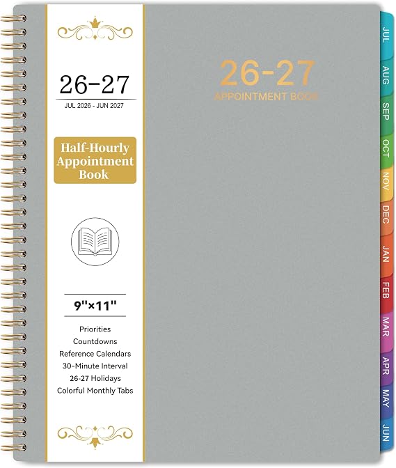 2026-2027 Appointment Book/Planner - Weekly & Monthly Planner, 9" x 11", Large, JUL. 2026 - JUN.2027, 30-Minute Interval, Daily Hourly Planner, Colorful Monthly Tabs, Inner Pocket, Grey