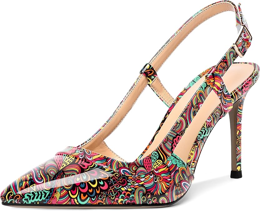 AMBELIGHT Womens Slingback Pointed Toe Wedding Buckle Patent Dress Stiletto High Heel Pumps Shoes 3.3 Inch