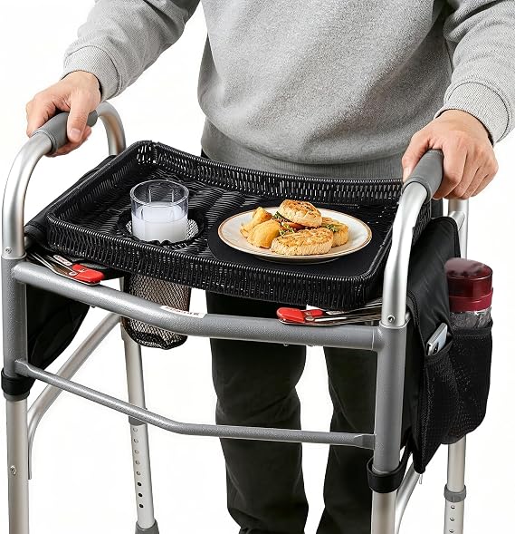 Handwoven Rattan Walker Tray for Folding Walker with Cup Holder