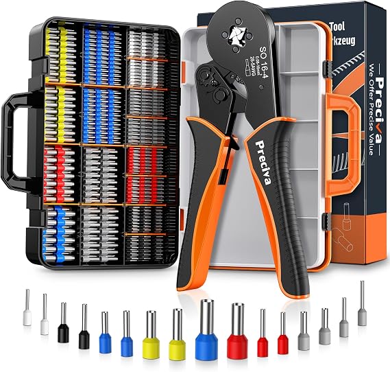 Preciva Ferrule Crimping Tool Kit with 1500PCS Wire Connectors, Ratchet Jaw Wire Crimping Pliers for AWG 28-5 Cable connectors