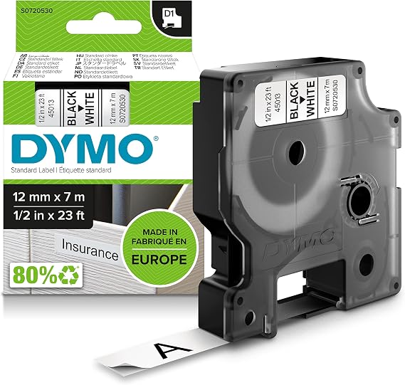 Dymo S0720530 White Tape Black Print, 1 Roll Per Carton, Priced Per Roll