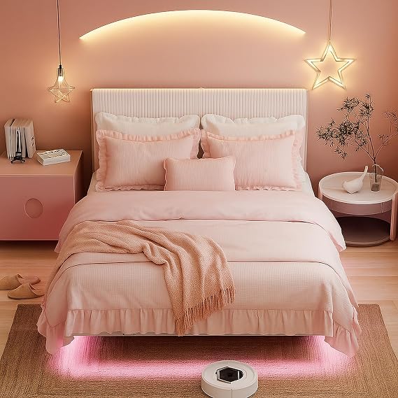 King Floating Bed Frame with Upholstered Headboard&LED Lights,White