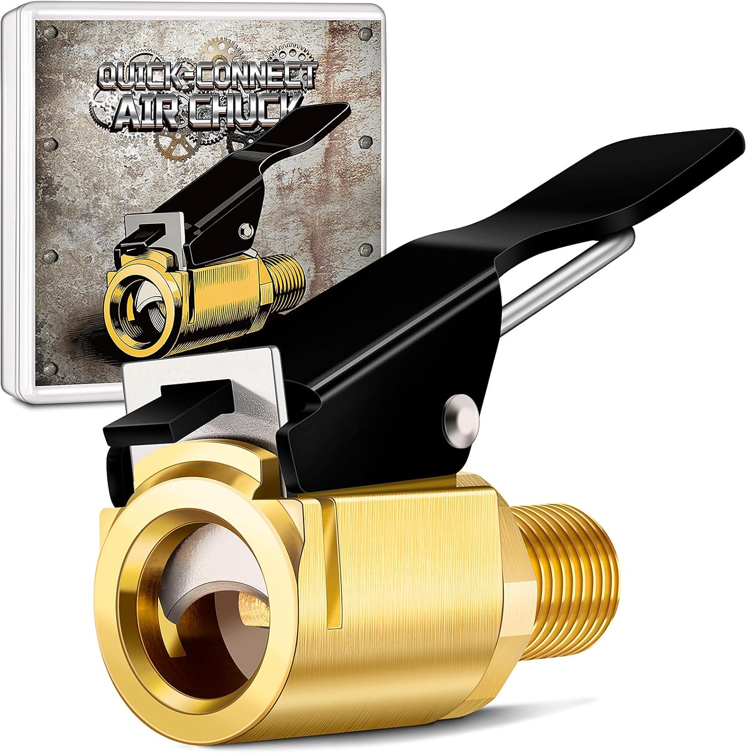LUMITECO Premium Quick-Connect Air Chuck, Locking Tire Inflator Hose Adapter for Air Compressors & Valve Stems, No Leakage Screw-On Convert to Lock-On Tire Nozzle with Valve Thread & Speed Clip