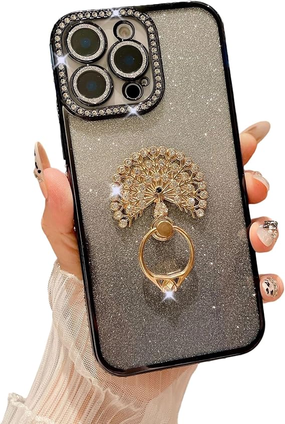Caseative for iPhone 15 Plus Case, Black | Plating Glitter Bling Sparkle Diamond Frame Peacock Ring Bracket Stand Holder
