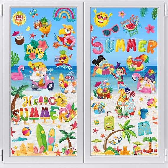 HOWAF Summer Window Clings Stickers, Hello Summer Window Decals for Glass Windows, 9 Sheets Sun Beach Ice Cream Flip Flops Window Decals for Beach Pool Party Supplies Home Office
