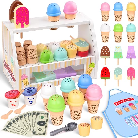 Wooden Ice Cream Toy - Ice Cream Counter Shop Playset with Apron for Kids | Pretend Play Kitchen Accessories, Play Food Sets for Toddlers Kitchen, Birthday Gift Toys for 2 3 4 5 6 Year Old Boys Girls
