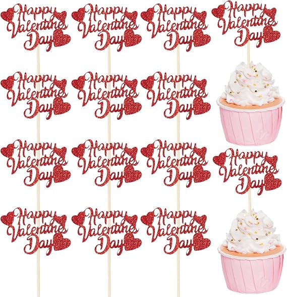 36Pcs Happy Valentine's Day Cupcake Toppers Red Glitter Heart Cupcake Picks Valentine Theme Birthday Cake Decorations Party Supplies