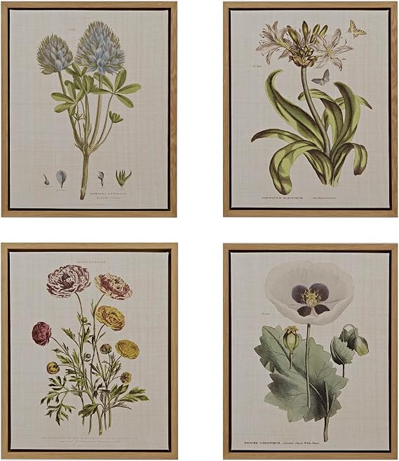 Madison Park Botanical Wall Art Living Room Decor - Vintage Floral Linen Canvas Framed Wall Art Farmhouse Lifestyle Home Office Wall Decor, Ready to Hang Painting for Bedroom, Herbal, Green 4 Piece