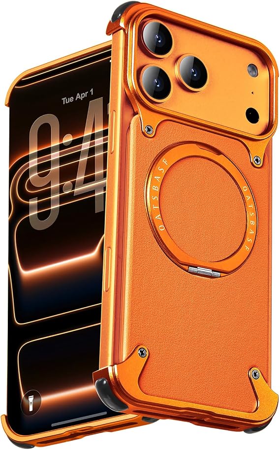 OATSBASF Frameless Case for iPhone 17 Pro Max, Sleek Minimalist Protective Shock Absorption Aerospace Grade Shell with 360° Rotating Kickstand, Leather-Orange