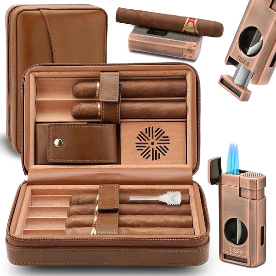 TISFA Cigar Humidor, Leather Cedar Wood Cigar Case with Cigar Lighter, V Cut Cigar Cutter, Cigar Holder 3 in 1, Portable Travel Cigar Humidor Box with