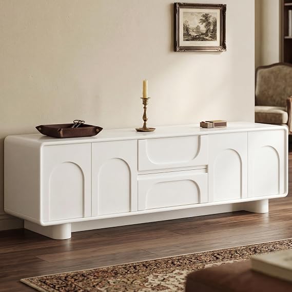 Guyii Modern TV Cabinet, Television Stand with 2 Cabinets & 2 Storage Drawers, Entertainment Stand for TVs Up to 65, Creamy White TV Console Cabinet for Living Room