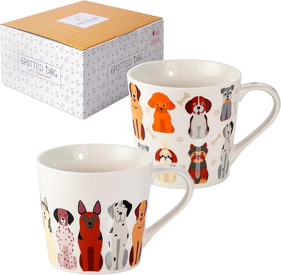 SPOTTED DOG GIFT COMPANY Dog Mugs, 13 oz Coffee Mug Set of 2, Happy Dogs Themed Ceramic Tea Cups, Microwave & Dishwasher Safe, Dog Lover Gifts for Women & Animal Lovers