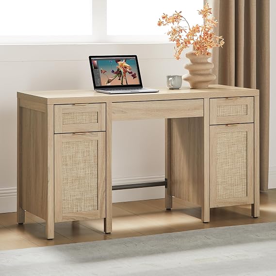 SICOTAS Rattan Home Office Desk with Storage, 52" Boho Executive Desk