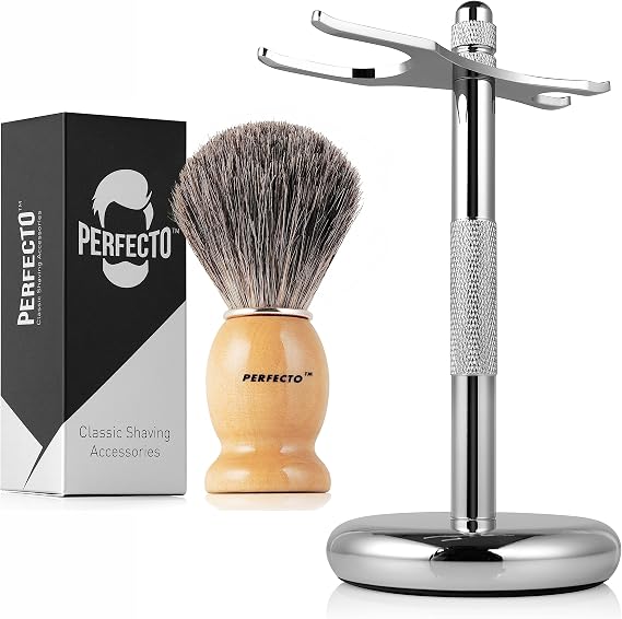 Perfecto Brown Shaver Brush + Chrome Stand Bundle