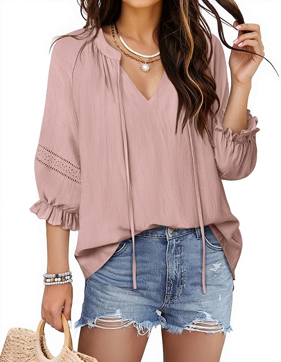 Womens Summer Blouses Flowy Casual V-Neck Front Tie Tops 3/4 Sleeve with Elastic Cuffs Vacation Shirts Boho