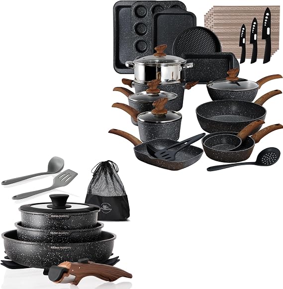 Kitchen Academy 30Pcs Bakeware & Cookware Set + 10Pcs Rv Pots and Pans Set with Removable Handle Cookware Sets