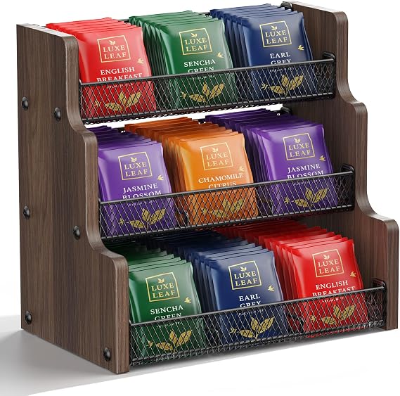 THYGIFTREE Tea Bag Holder with 3 Layers Tea Bag Storage Solid Wood Tea Bag Organiser for Kitchen Office Countertop Sugar Packets Milk Jug