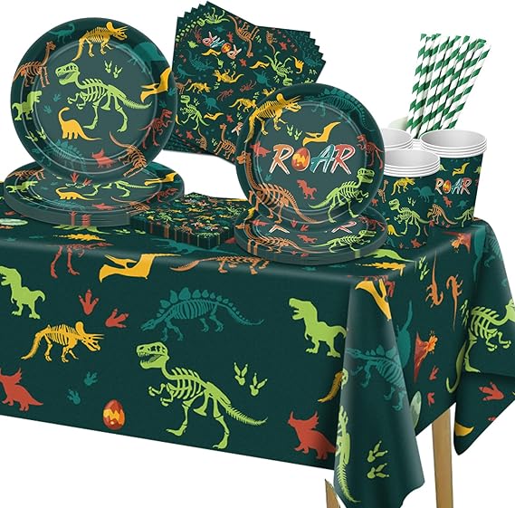 101 Pcs Dinosaur Birthday Decorations - Dino Party Decor Including Plates, Napkins, Cups, Tablecloth for Boys Kids Birthday Party Supplies, Serves 20