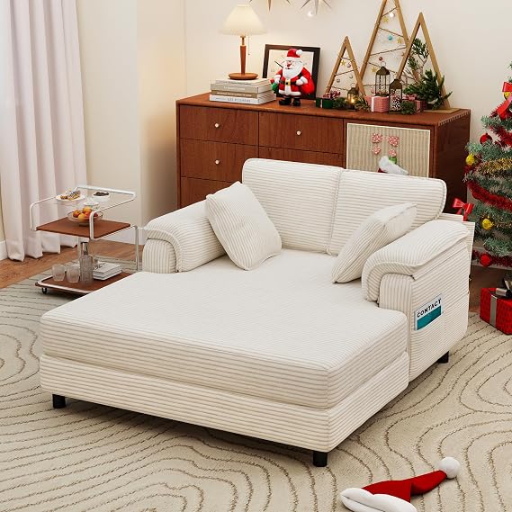 58'' Chaise Lounge Chair, Oversized Corduroy Sofa Bed, Beige