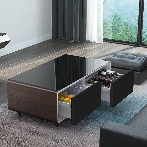 51in Smart Coffee Table with Built in Fridge, Living Room Table Bluetooth Sound and Wireless Charging, Type-C & USB Interface, Temperature Control, Modern Center Table with LED (Black/Brown)