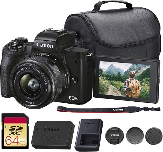 Canon EOS M50 Mark II Mirrorless Camera with 15-45mm Lens (Black) | 24.1MP APS-C Sensor, Dual Pixel CMOS AF, 4K Video & Vari-Angle Touchscreen | for Vlogging & Content (4728C006) + 64GB Card + Bag
