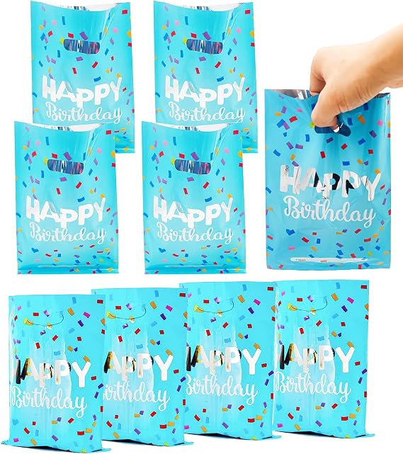 HSPAIDYP 30 Pcs Happy Birthday Party GiftBags,Candy Favor Bags,Plastic Gift Candy GiftBags,Blue Goodies GiftBags for Baby Showers Birthday Party Decorations (Blue Gift Bags)