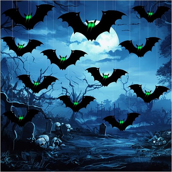 Lighted Halloween Bats,12Pcs 3D Flying Hanging Bats with Auto-On/Off Light Sensor,Flickering Led Glow Green Eyes Bats Decor,Spooky Halloween Outdoor Decor for Indoor,Tree,Yard, Windo,Wall