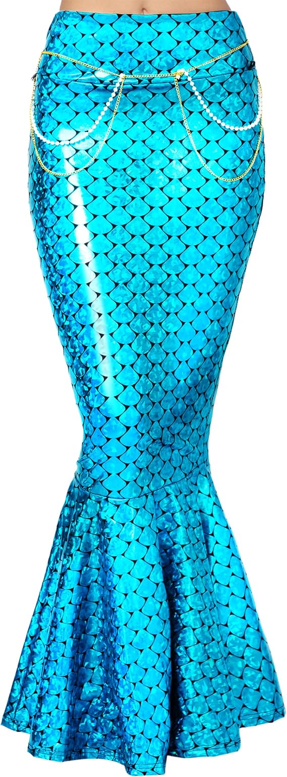 Spooktacular Creations Adult Metallic Hologram Shiny Mermaid Skirt Costume Role Play. Waist Pearl Chain Included Blue