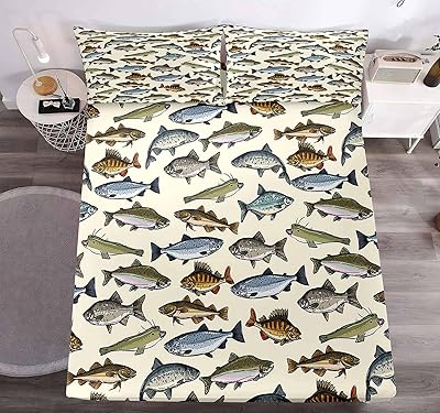 LUVIVIHOME 4PCS Fishing Sheets Set, Queen Bed Sheets, Hunting Lodge Country Rustic Farmhouse Pike Bass Fish Bedding, Fishing Gifts for Men Teen Boys, 1 Fitted Sheet & 1 Flat Sheet with 2 Pillowcases