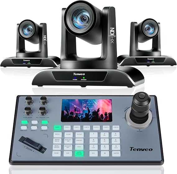 Tenveo PTZ Camera and Controller Bundle/Kits - 20X NDI AI Auto-Tracking PTZ Camera(3pcs) with HDMI/USB3.0/LAN(PoE) and NDI PTZ Controller Joystick Controller for Church Worship Service Live Streaming