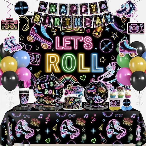 Xynic 210pcs Roller Skate Party Decorations Complete Tableware Set | Easy Set Up, for 25pcs Guests, HD Printed, 300 gsm Thick Paper Plates, Waterproof Tablecloth, Disposable, Durable Backdrop