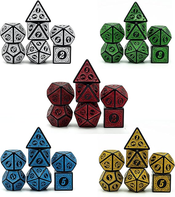 5 Çok Yüzlü Zar Seti (35 adet) Deri Zar Torbasıyla, Zindanlar ve Ejderhalar için D&D Zar, RPG, MTG Masa Oyunları (Pencere Kafes Oyma Serisi)