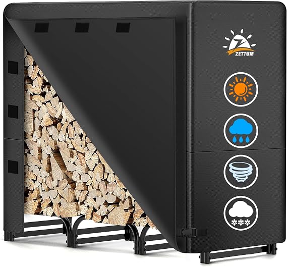Zettum 4ft Firewood Log Rack with Cover - Outdoor Wood Stand Holder with Cover Heavy Duty, 4 Feet Metal Fire Wood Pile Organizer and Cover Combo Set for Fireplace Storage (48 x 14 x 48 Inch)