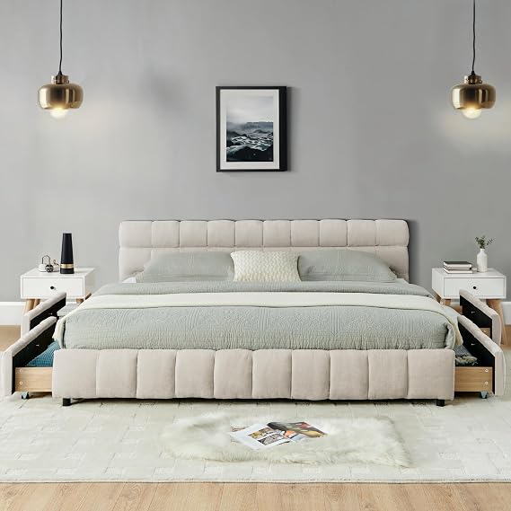 RuiSiSi California King Platform Bed with Storage Drawers, Chenille Upholstered Floor Bed with Tufted Headboard for Teens, Adults, No Box Spring Needed, Beige